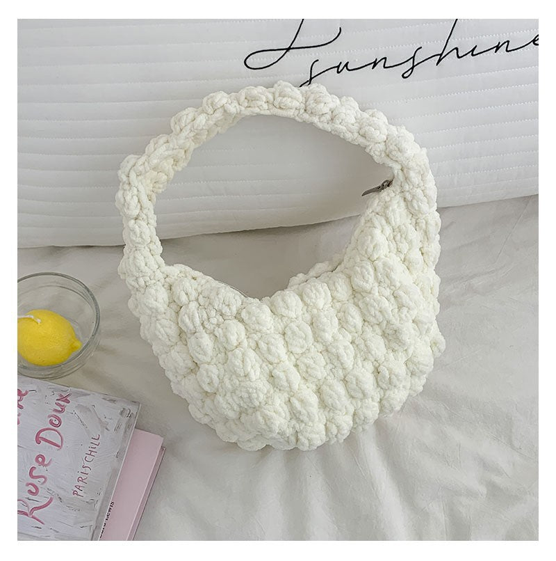 Cute Portable Beanie Straw Bag Handmade Crocheted Solid Color Hand Carrying Woven Bag Women Seaside Vacation Beach Bag One Size Color Doudou Bag White