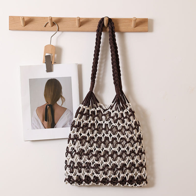 Summer Straw Woven Bag With Lace Up Pattern Suitable For Women Beach Vacation Beach Bag One Size Color Matching Twist Coffee inside
