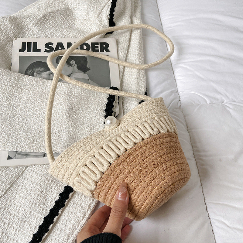 Crossbody Straw Bag Cotton Thread Woven Bag Mobile Phone Change Key Case Hollow Out Cutout Cotton Thread Woven Bag Casual Cute Women One Size Pearl Small Horn Coffee with Rice