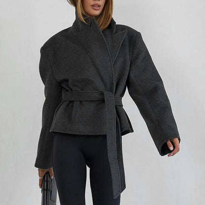 Fall Winter Short Blazer Women All Matching Youthful Looking Lace up Waist Woolen