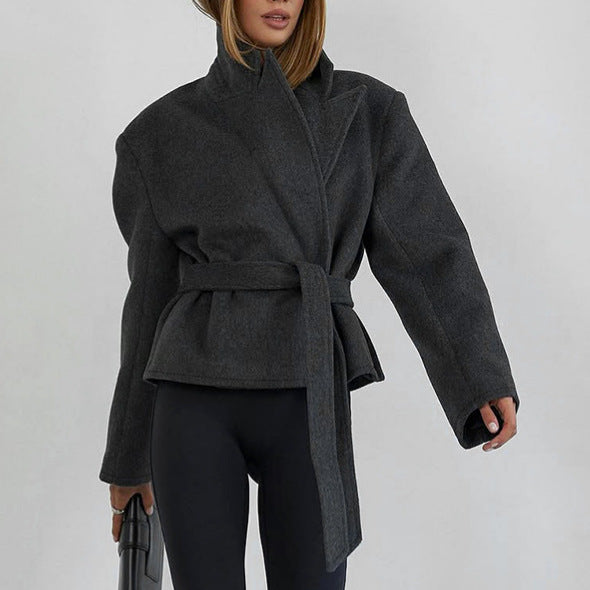 Fall Winter Short Blazer Women All Matching Youthful Looking Lace up Waist Woolen