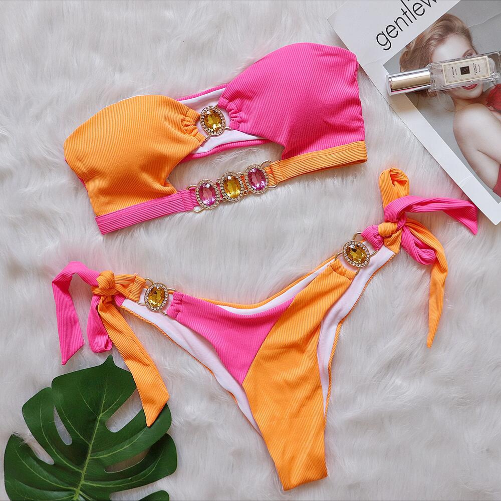 Sexy Crystal Diamond Bikini Removable Chest Pad Swimsuit Stitching Tube Top Strap Split Swimsuit Orange