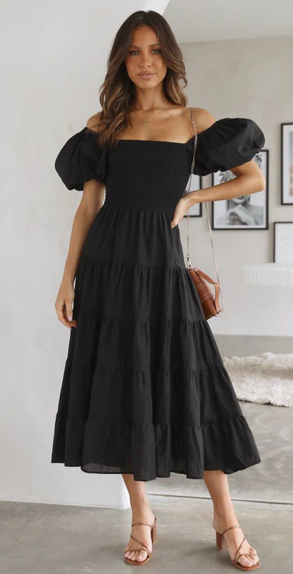 Holiday Sexy Slim Fit Backless Large Swing Dress off-Neck Printed Dress Summer Black