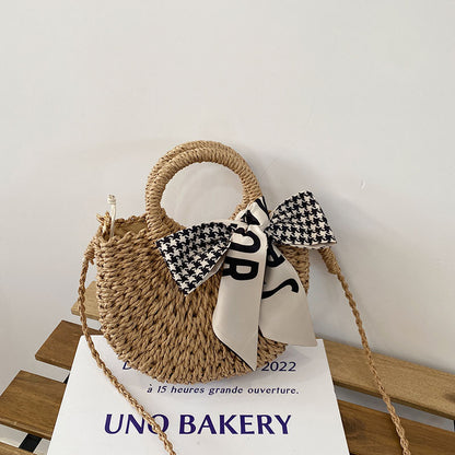 Cute Crossbody Straw Bag Plaid Scarf Portable Straw Bag Woven Bag Vacation Beach Bag Mori Women Bag One Size Houndstooth Mini Size Coffee