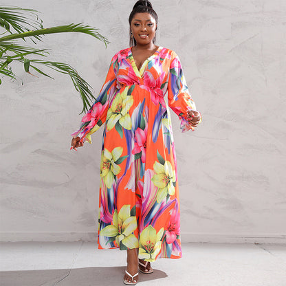 Plus Size Women Clothing Dress Long Sleeve Large Swing Dress Orange