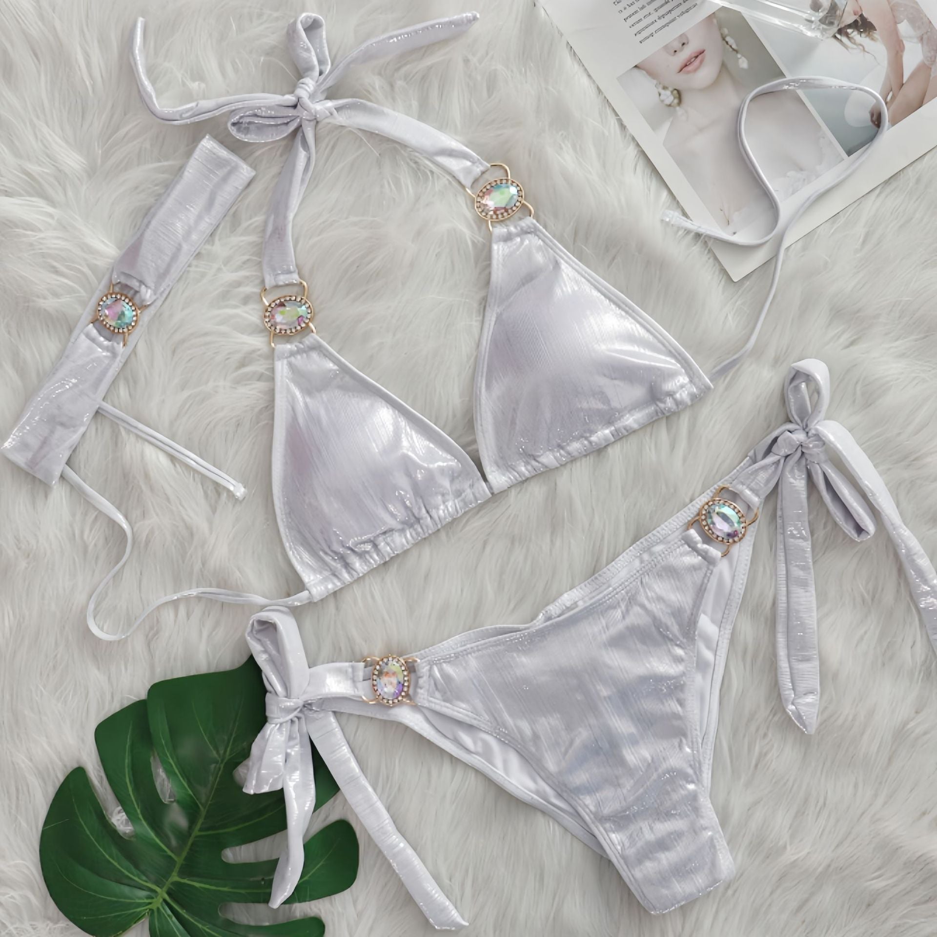 Sexy Bikini Crystal Diamond Three Piece Split Swimsuit Beach Shiny Women Swimsuit White