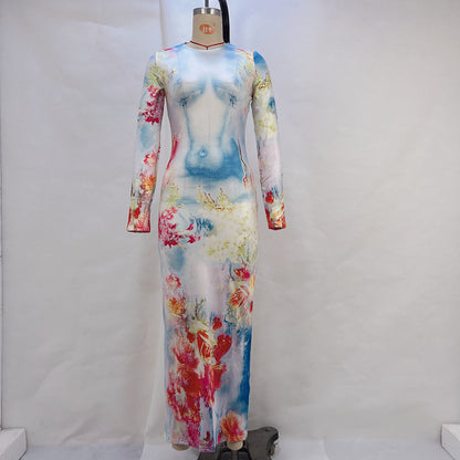 Women Clothing Autumn Winter Printing Slim Fit round Neck Long Sleeves Dress