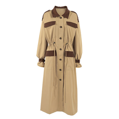 Retro Contrast Color Trench Coat Women Autumn Winter Tooling Casual All Match Khaki Collared Long Sleeve Long Cut Coat