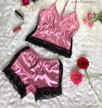 Women Sexy Underwear Imitation Silk Sling Princess Pajamas Sexy Supreme Seduction Two Piece Set Sexy Sleepwear Light Pink