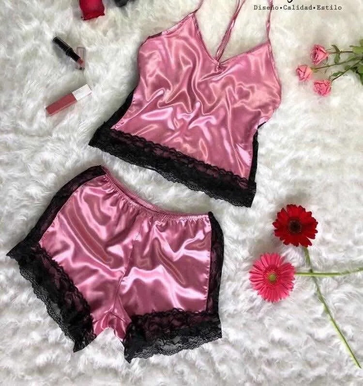 Women Sexy Underwear Imitation Silk Sling Princess Pajamas Sexy Supreme Seduction Two Piece Set Sexy Sleepwear Light Pink