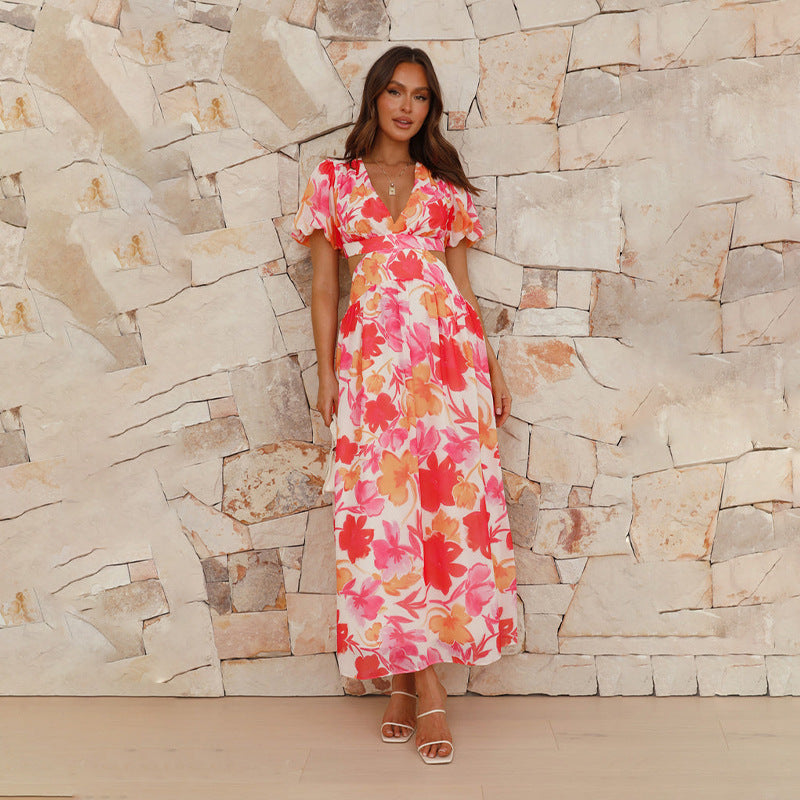Spring Summer Women Sexy Slim Fit Slimming V Neck Printed Large Swing Dress Multi