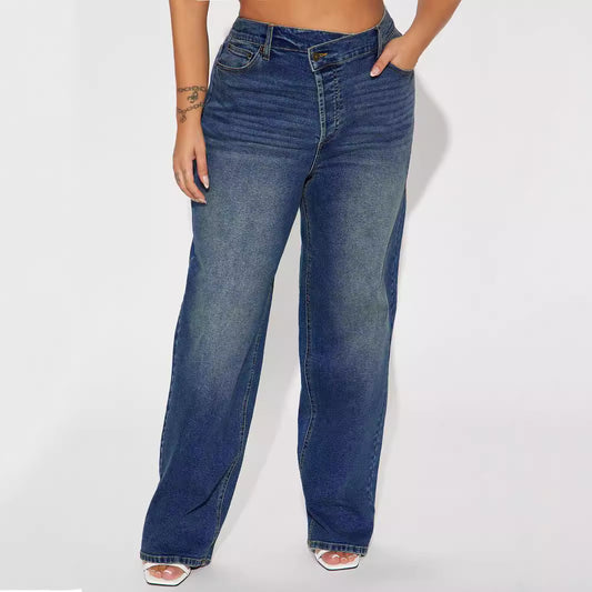 Women Clothing Oblique High Waist Pencil Pants Crossover Straight Leg Stretch Denim Straight