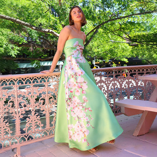 Satin Evening Dress - Strapless High Waist Floral Print Tube Top Dress