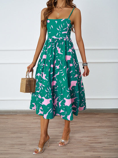 Vacation Spaghetti Strap Backless A line Long Casual Swing Printing Dress Women Green