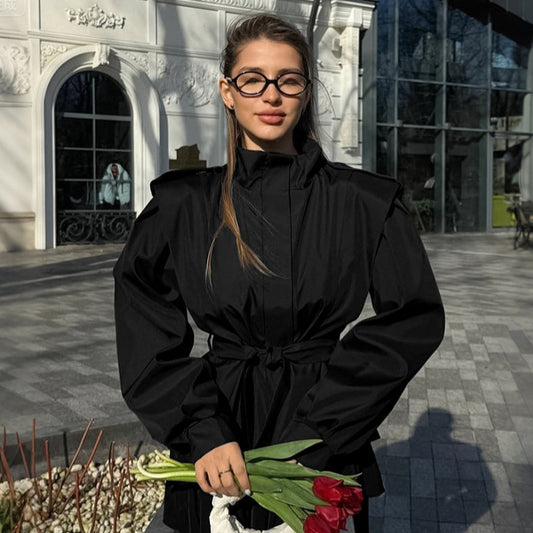 French Minority Autumn Winter Atmosphere Tongqin Trench Coat Coat Women Waist Trimming Lace up Collared Long Sleeve