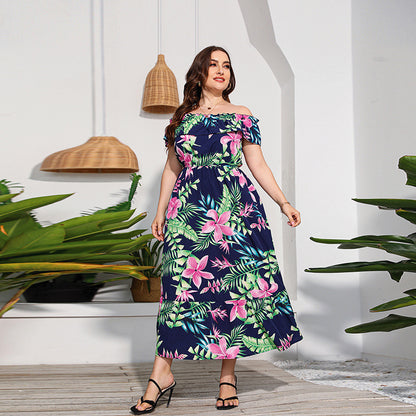 Plus Size Beach Holiday Long Beach Dress off the Neck Tube Top Color Printed Dress