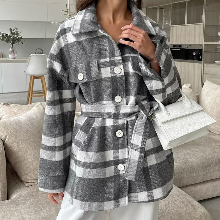 Autumn Winter Plaid Loose Fitting Collared Lace up Woolen Coat Women Overcoat