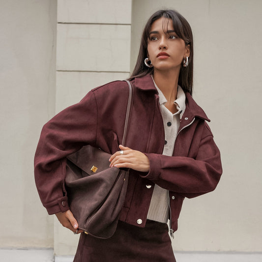 Fall Winter Niche Collared Long Sleeve Brown Atmosphere Suede Cardigan Coat Women Locomotive Leather Coat