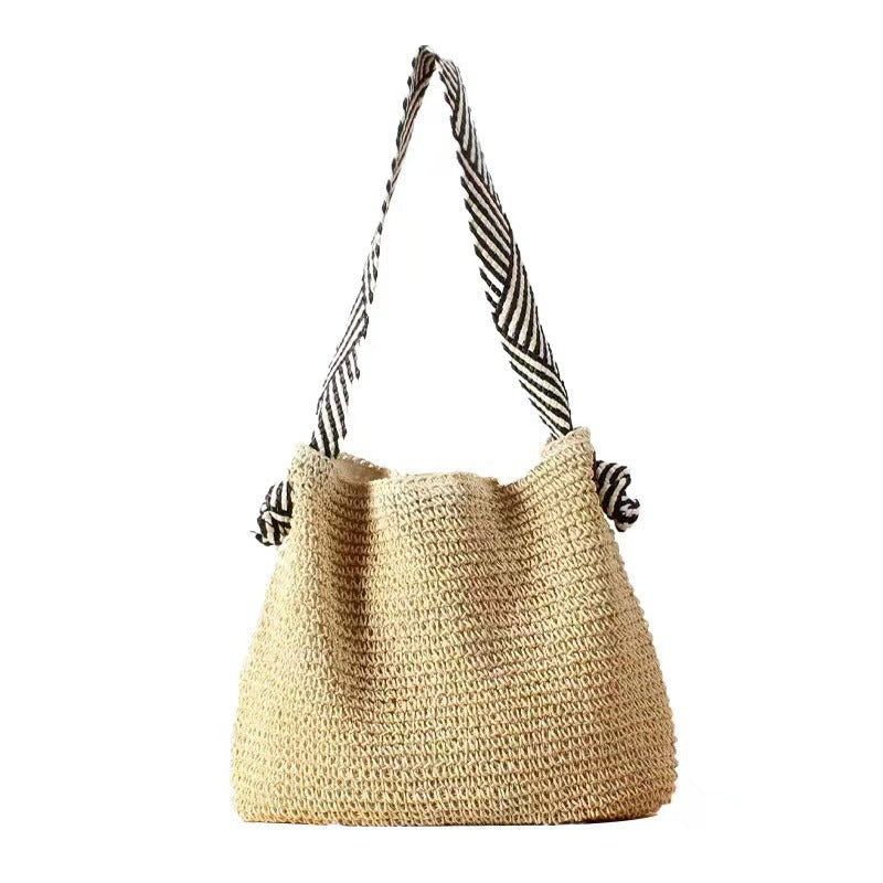 Bag Striped Wide Ribbon Shoulder Straw Bag Woven Bag Vacation Beach Bag One Size Striped Handle Creamy-white