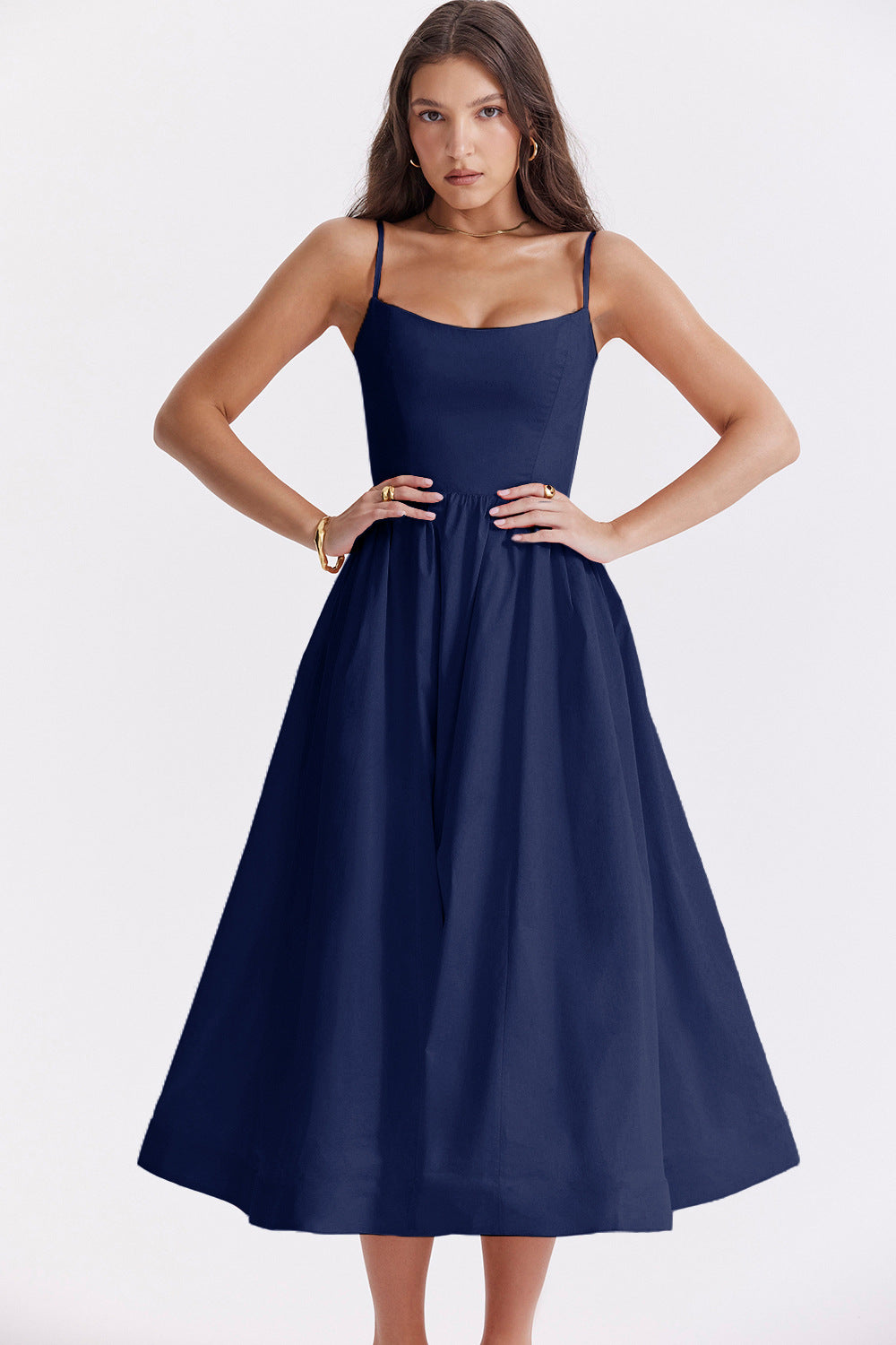 Women Clothing Solid Color Sexy Backless Spaghetti Straps Large Swing Dress Women Purplish blue
