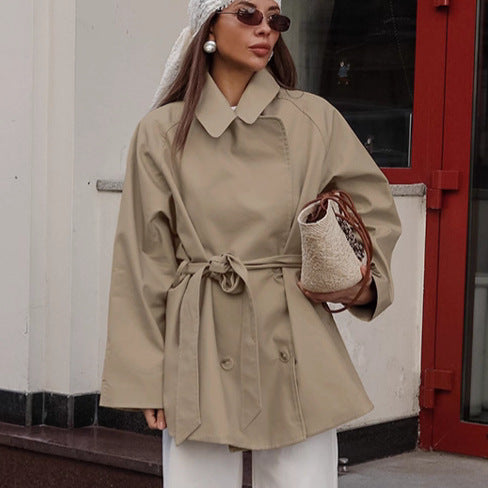 Trench Coat Women Mid Length Khaki Jacket Lace up Autumn Long Sleeve Coat