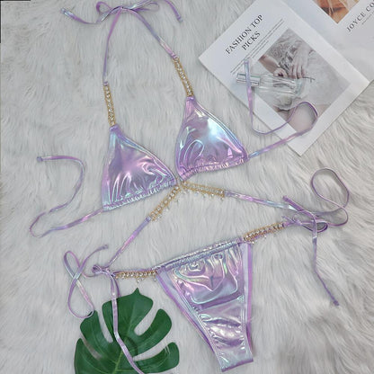 Crystal Diamond Bikini Sexy Bronzing Strap Women Split Swimsuit Swimsuit Purple