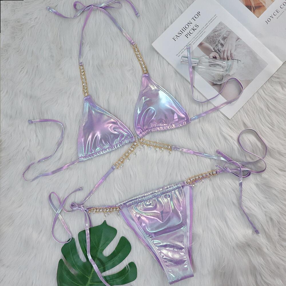 Crystal Diamond Bikini Sexy Bronzing Strap Women Split Swimsuit Swimsuit Purple