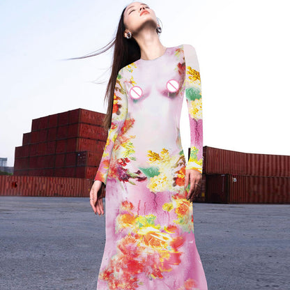 Women Clothing Autumn Winter Printing Slim Fit round Neck Long Sleeves Dress