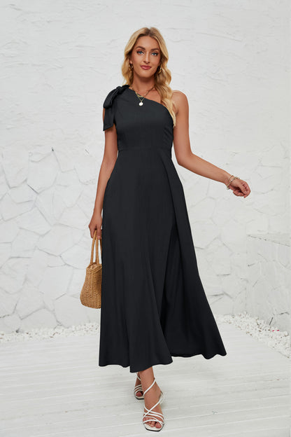 Summer Women Clothing Graceful Fashionable Solid Color One Shoulder Long Beach Party Dress Oblique Shoulder Bow Women Black