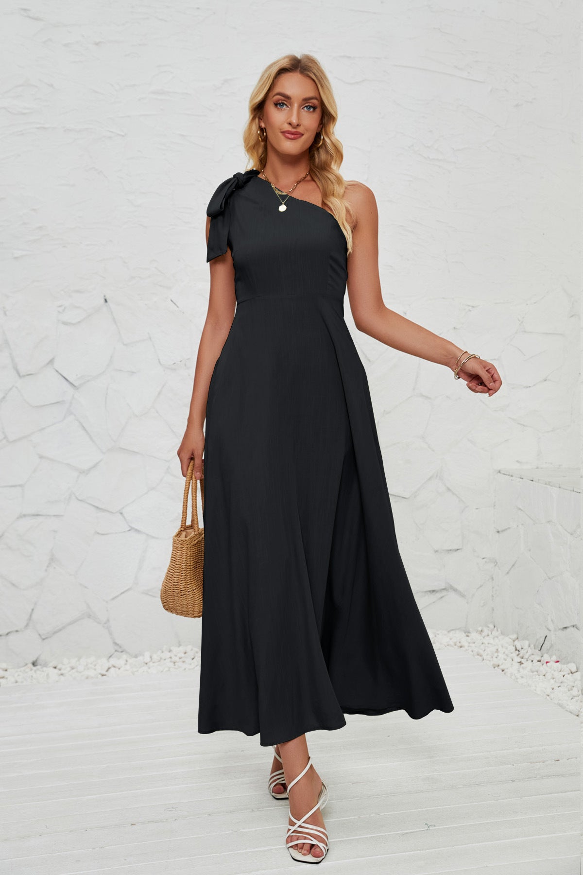 Summer Women Clothing Graceful Fashionable Solid Color One Shoulder Long Beach Party Dress Oblique Shoulder Bow Women Black