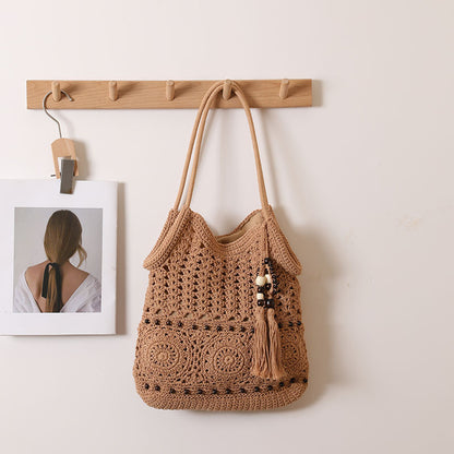 Wooden Bead Tassel Shoulder Cotton Thread Woven Bag Hollow Out Cutout Straw Bag Vacation Beach Bag Women Bag One Size Cotton Thread Sanyuan Coffee