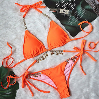 Swimsuit Sexy Lace-up Plain Women Split Crystal Diamond Bikini Creative Accessories Swimsuit Orange
