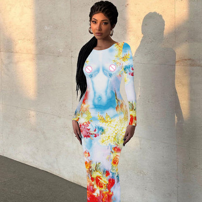 Women Clothing Autumn Winter Printing Slim Fit round Neck Long Sleeves Dress