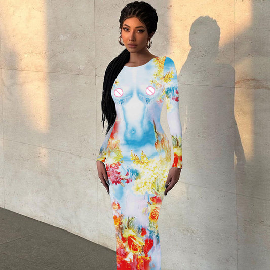 Women Clothing Autumn Winter Printing Slim Fit round Neck Long Sleeves Dress