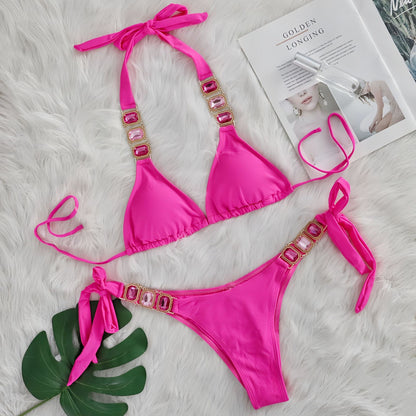 Crystal Diamond Bikini Sexy Women Split Bandage Swimsuit Beach Vacation Swimsuit Coral Red
