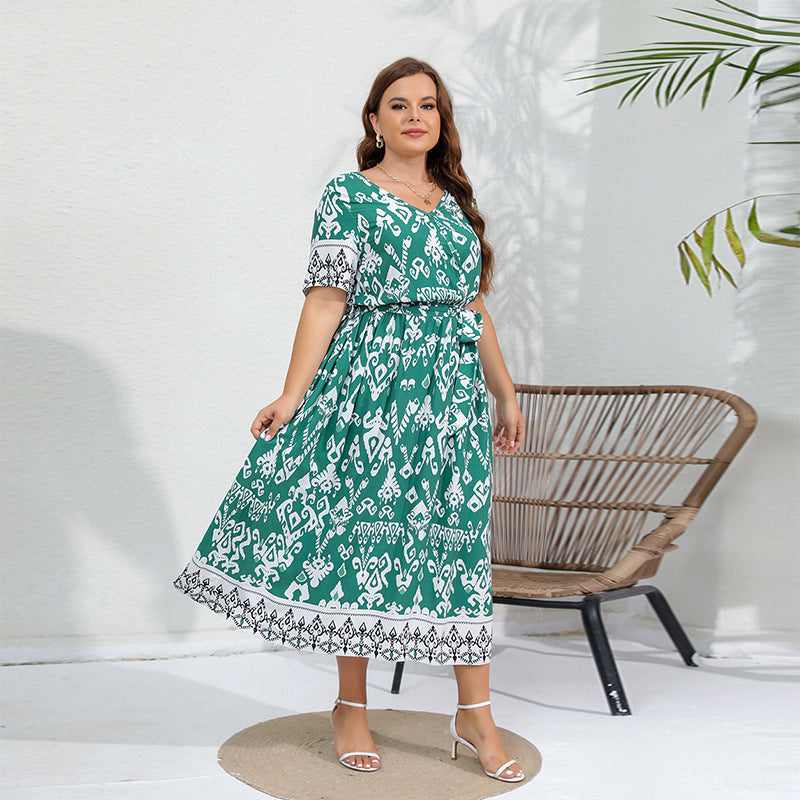 Plus Size Dress Elegant Graceful Elastic Waist V neck Dress Green