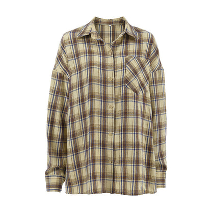 Retro Plaid Shirt Women Loose Long Sleeve Top Fall Winter Women