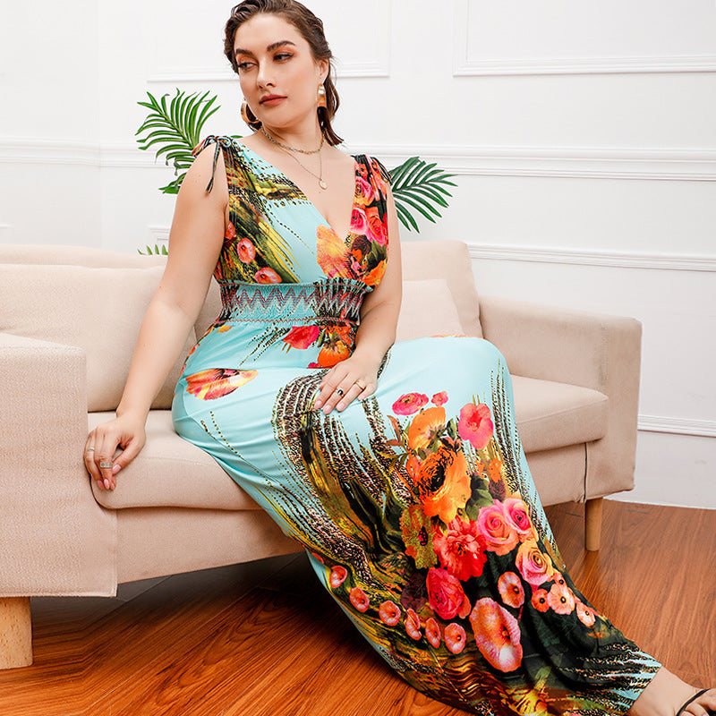 Plus Size Bohemian Ice Silk Printed Midi Dress Seaside Holiday Beach Dress V neck Dress