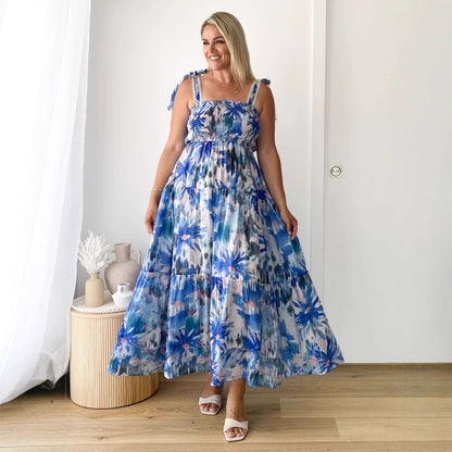 Spring Summer Floral Printed Sling Smocking Elastic Waist Knotted Shoulder Strap Large Swing Dress Long White Background with Blue Print