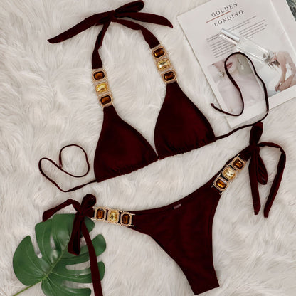 Crystal Diamond Bikini Sexy Women Split Bandage Swimsuit Beach Vacation Swimsuit Chestnut