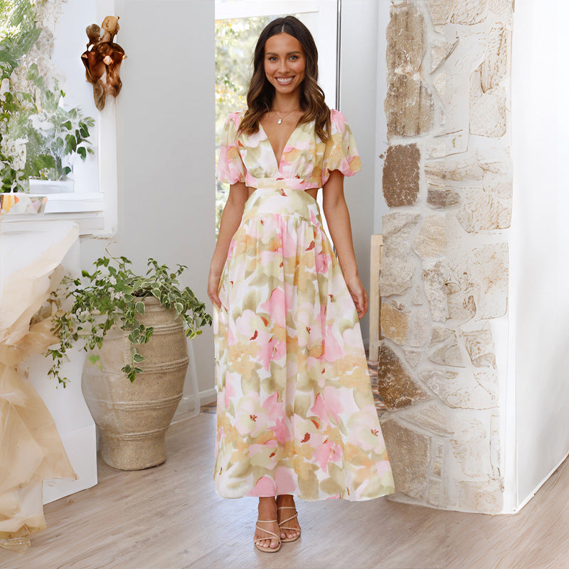 Spring Summer Women Sexy Slim Fit Slimming V Neck Printed Large Swing Dress Pink Floral