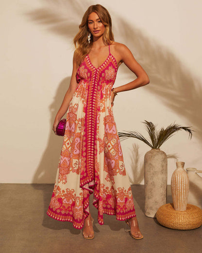 Casual Holiday Women Clothing Dress Printed Sexy Suspenders Midi Dress Women Red
