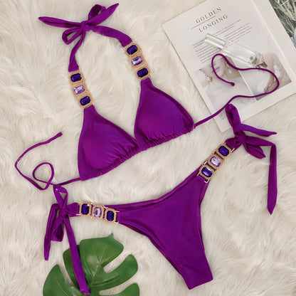Crystal Diamond Bikini Sexy Women Split Bandage Swimsuit Beach Vacation Swimsuit Fuchsia