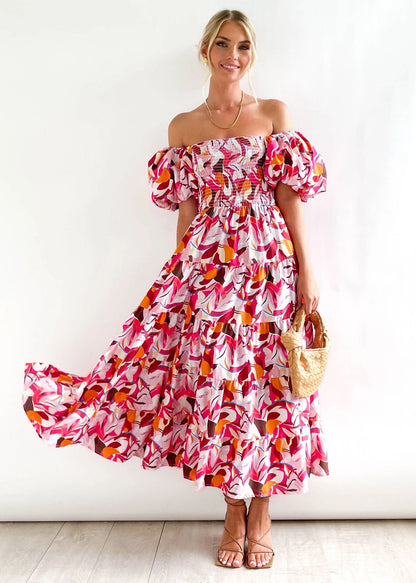 Holiday Sexy Slim Fit Backless Large Swing Dress off-Neck Printed Dress Summer Rose Flower
