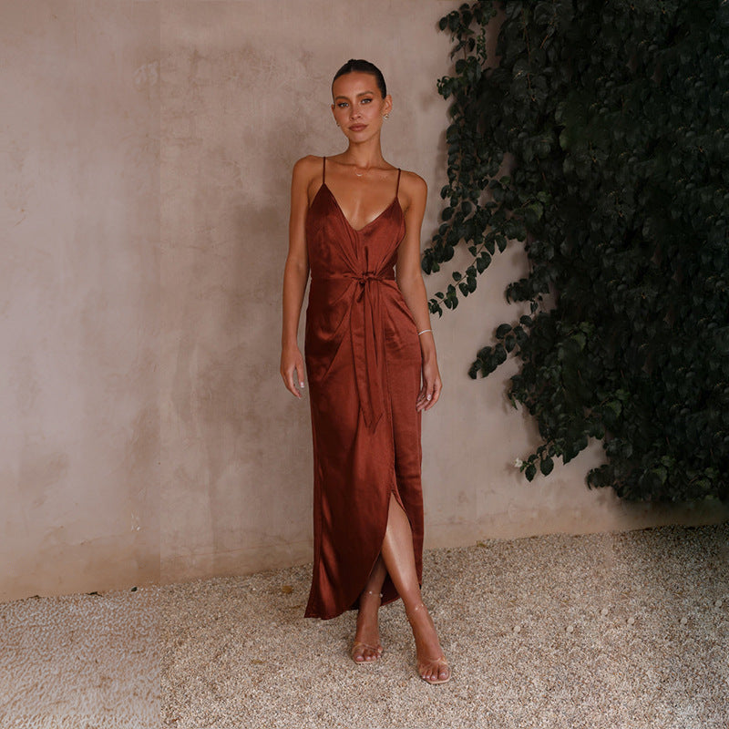 Spring Summer Sexy V neck Backless Slit Loose Sling Dress Women Brown