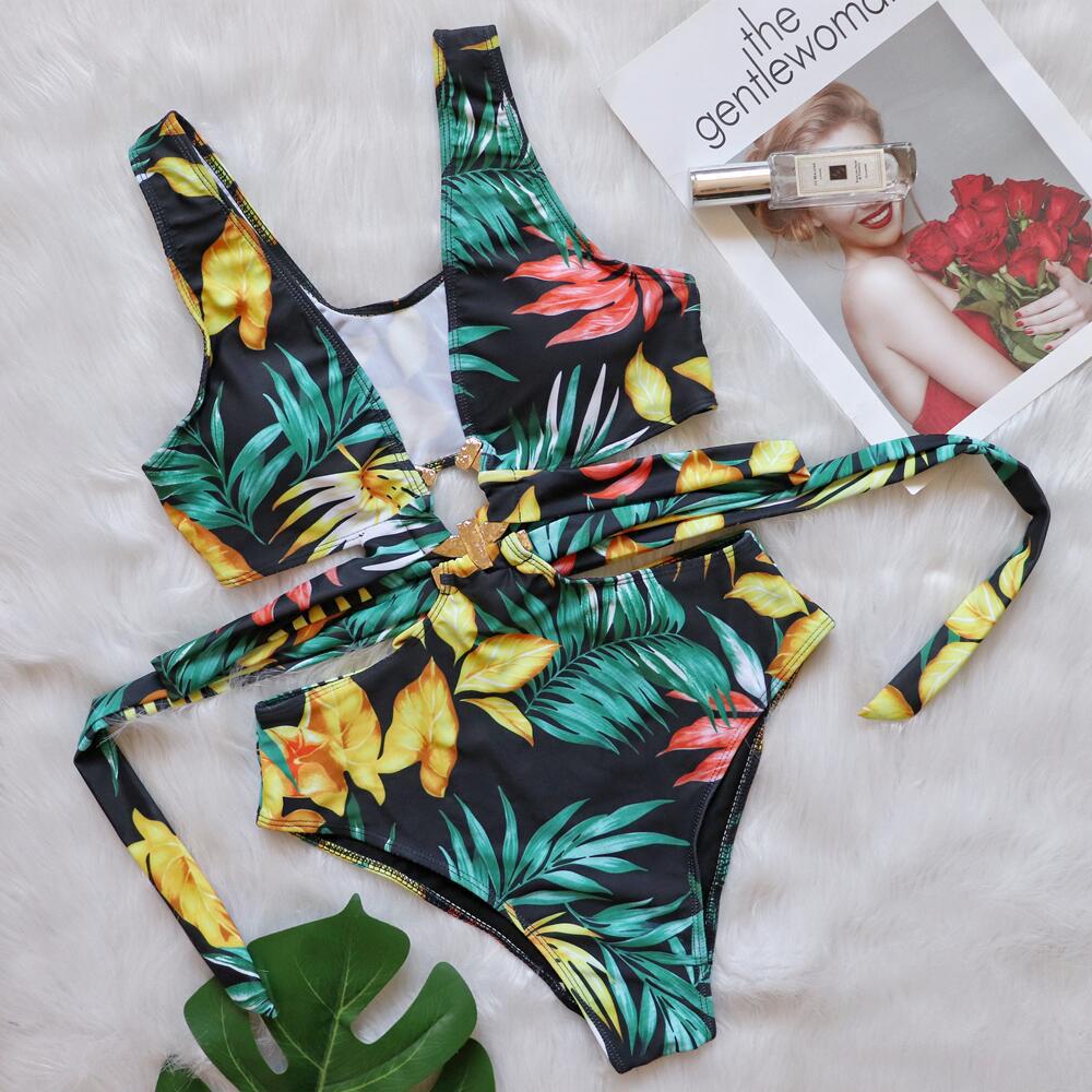 Bikini Sexy Deep V Plunge neck Metal Strap Women Swimsuit High Waist Bathing Suit Multi