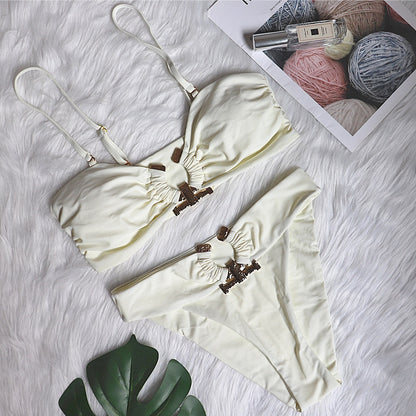 Sexy Swimsuit Metal Accessories Hollow Out Cutout Bikini Solid Color Tube-Top High Waist Women Swimwear Ivory
