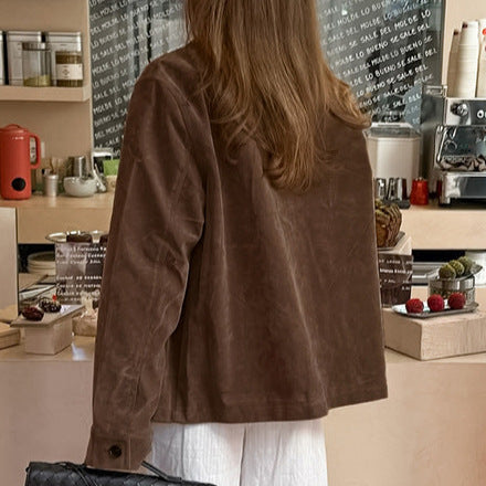 Autumn Winter Retro Maillard Suede Collared Long Sleeved Coat Women Simple Light Luxury Loose Figure Flattering