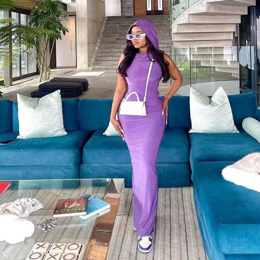 Summer Women Clothing Solid Color Hooded Sleeveless Sheath Split Dress Women
