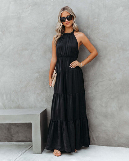 Summer Elegant Halter Long Solid Color Dress for Women Black